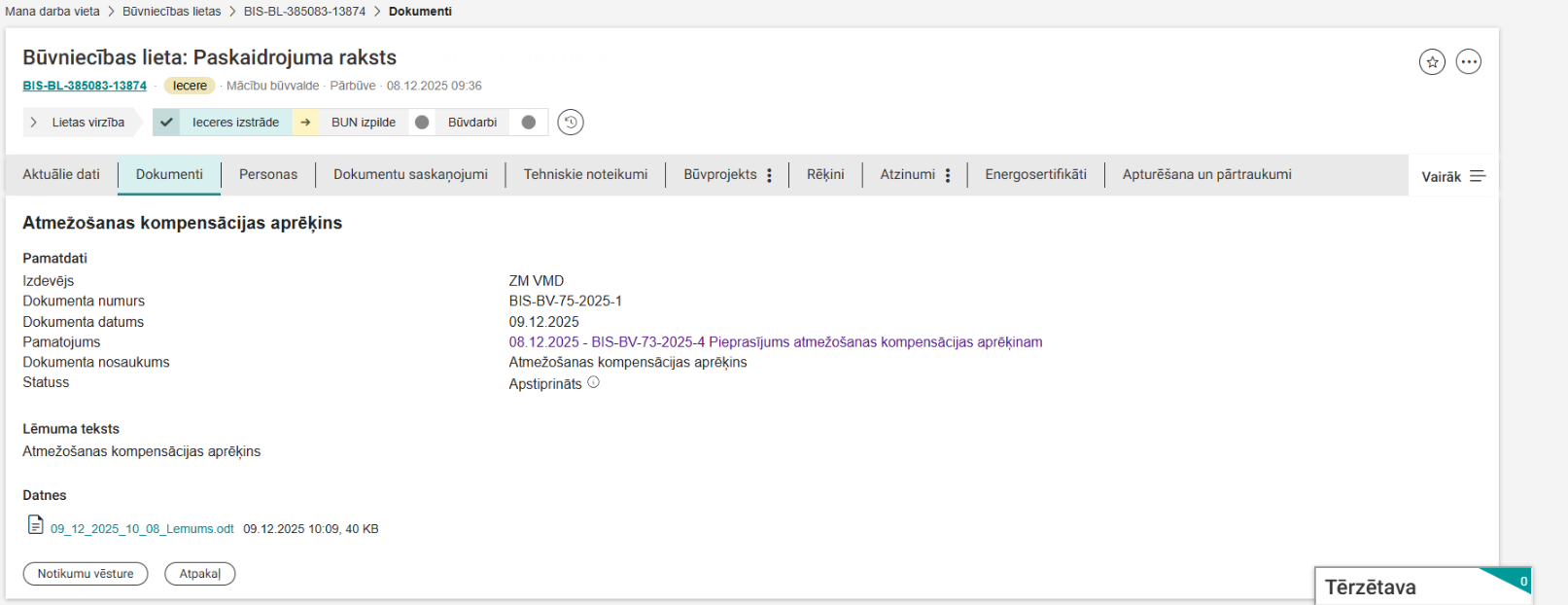 Attēls. Atmežošanas kompensācijas aprēķina detalizētie dati.