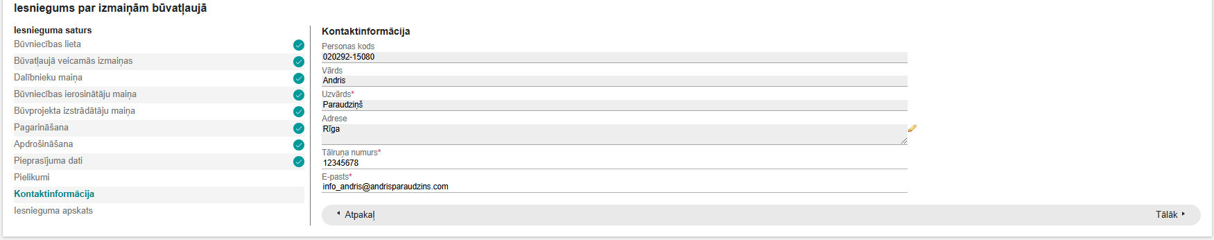Attēls. Kontaktinformācijas ievades solis %22Iesniegums par izmaiņām būvatļaujā%22.