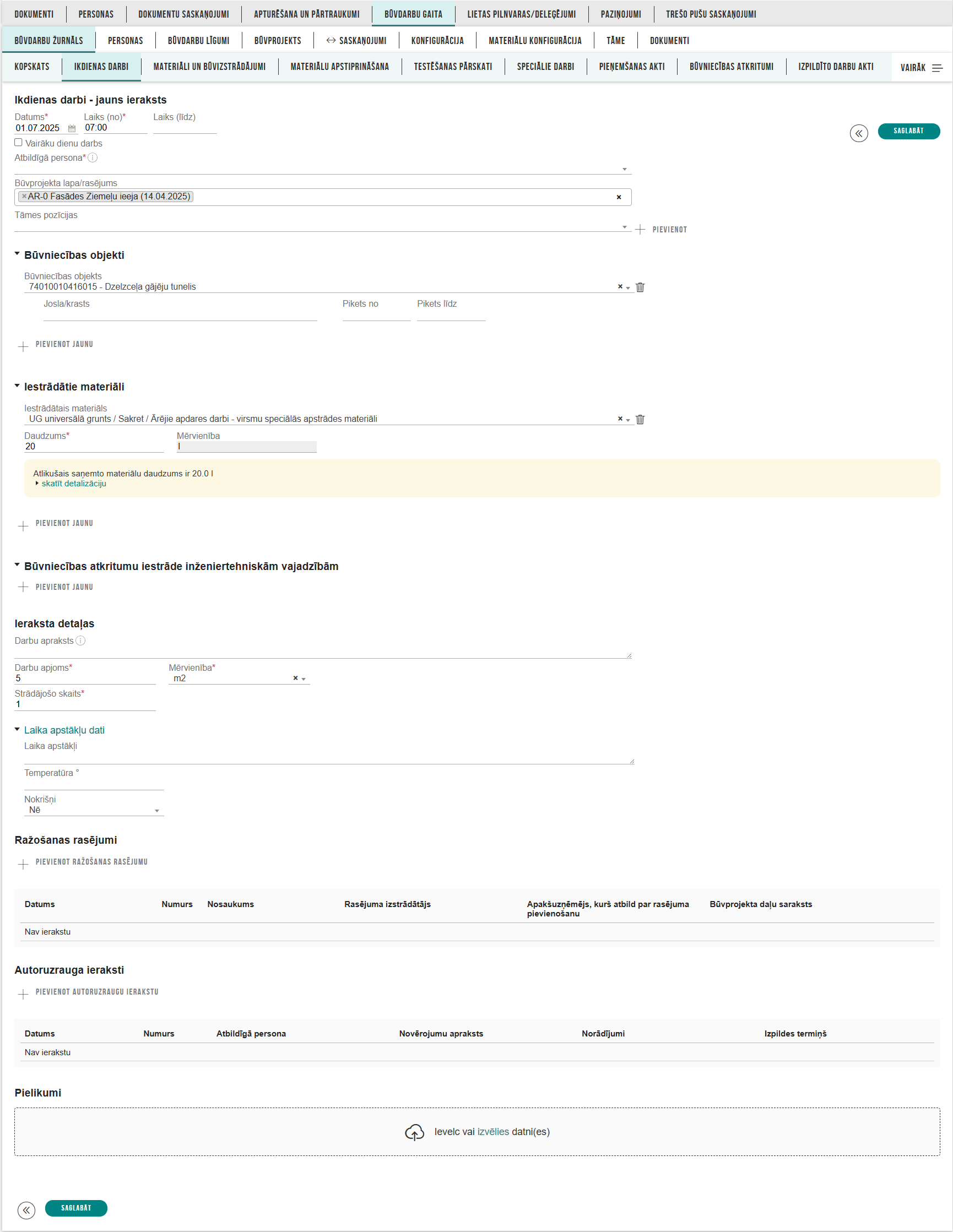 Attēls. Vienas dienas Ikdienas darba ieraksta aizpildīšana.