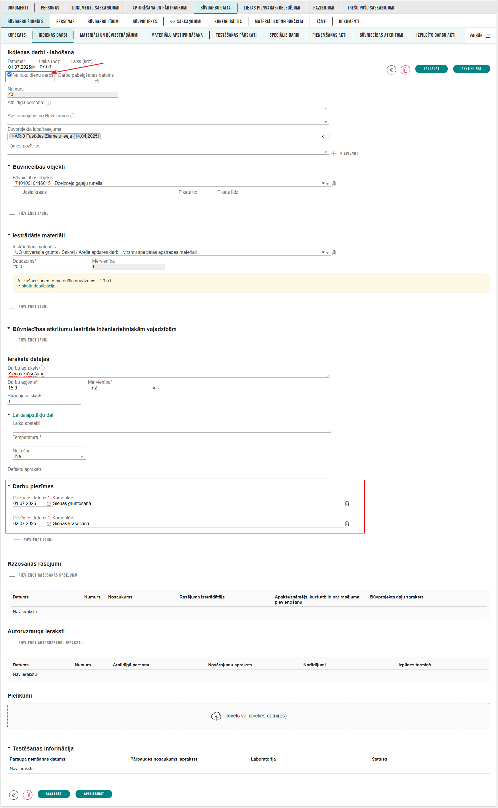 Attēls. Vairāku dienu darbu ieraksta aizpildīšana.