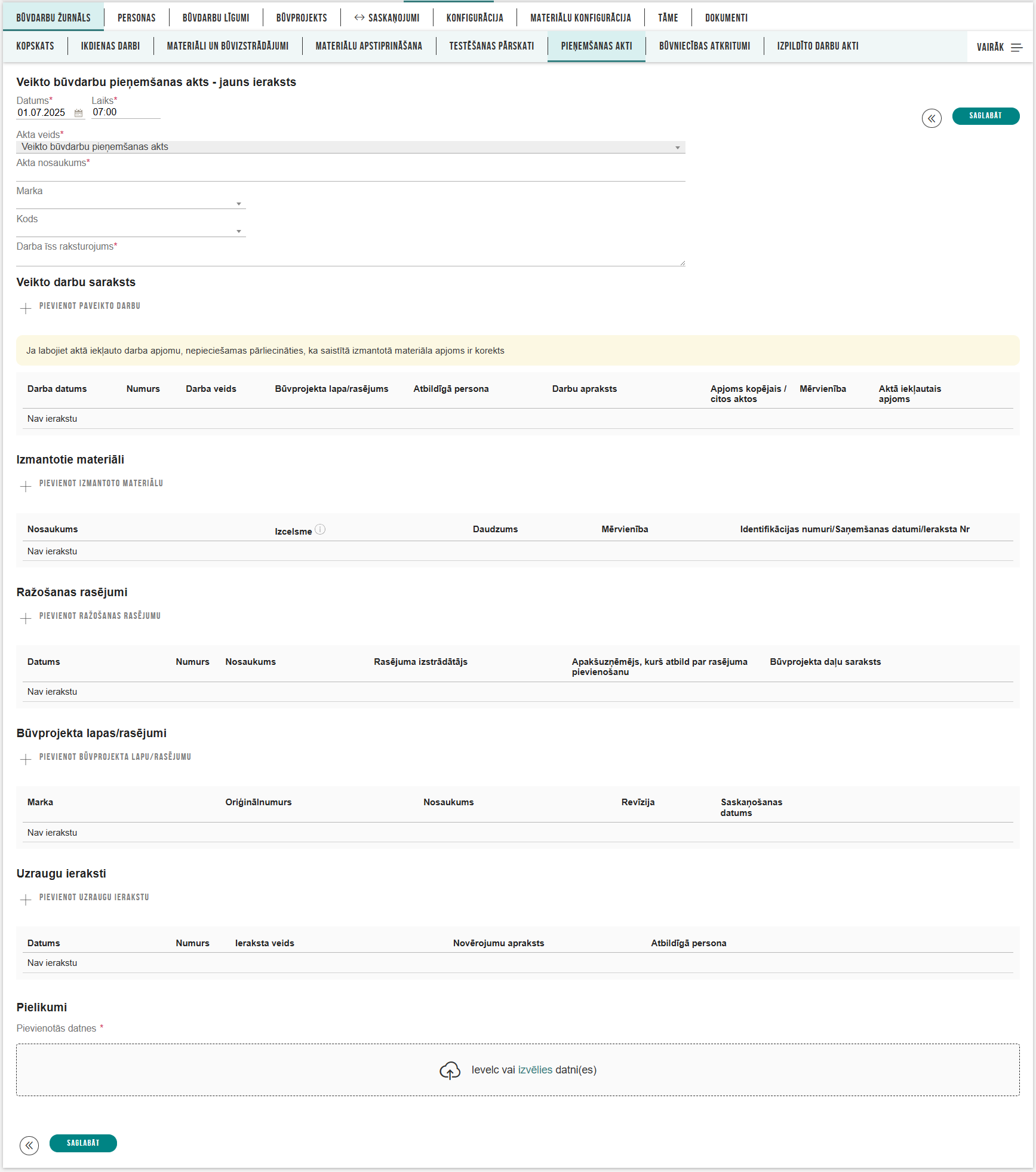 Attēls. Veikto būvdarbu pieņemšanas akta ievades forma.