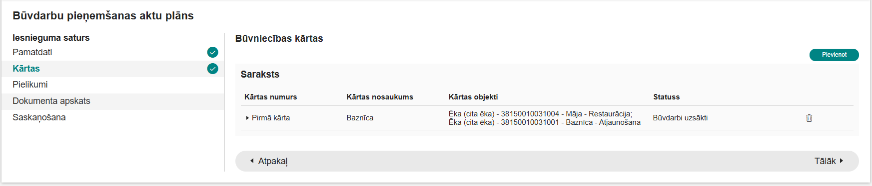 Attēls. Kārtas ievades solis Būvdarbu pieņemšanas aktu plāna izveidošanā.