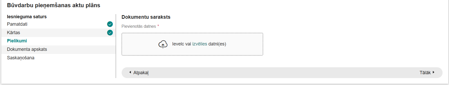Attēls. Datnes pievienošanas solis Būvdarbu pieņemšanas aktu plāna izveidošanā.