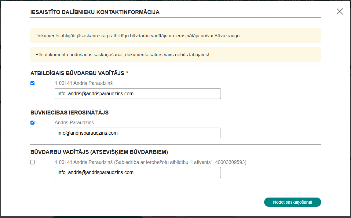 Attēls. Būvdarbu pieņemšanas aktu plāna nodošana saskaņošanai.