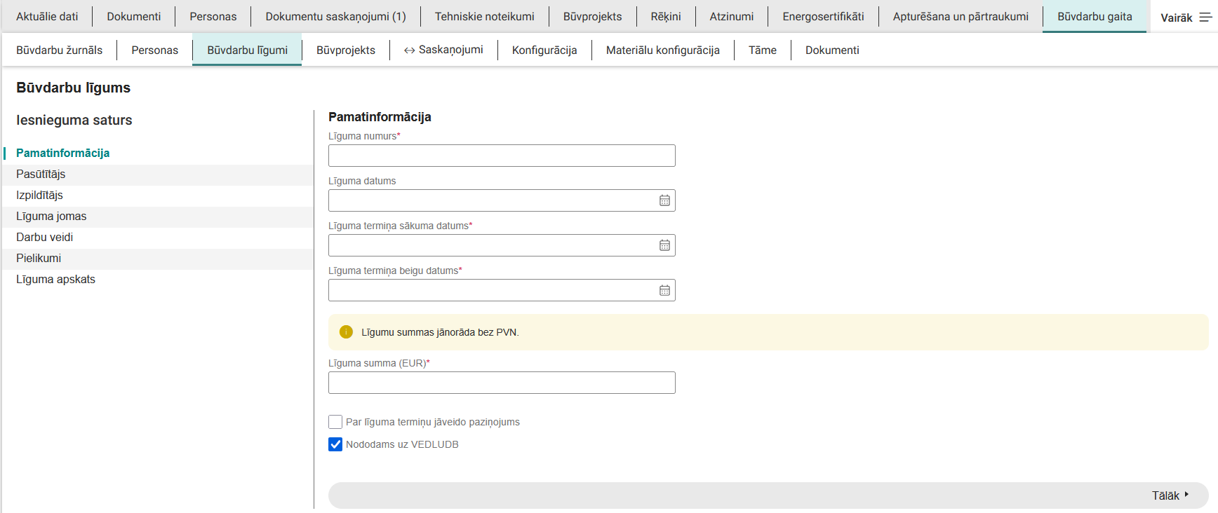 Attēls. Būvdarbu līguma pamatinformācijas datu lauki.