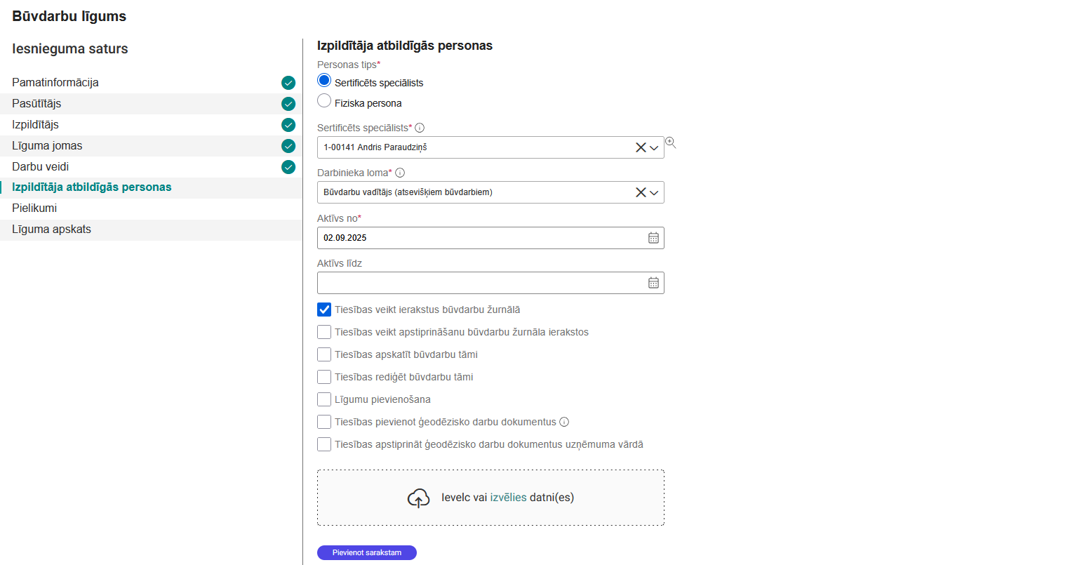 Attēls. Būvdarbu līguma %22Izpildītāja atbildīgās personas%22 ievade.