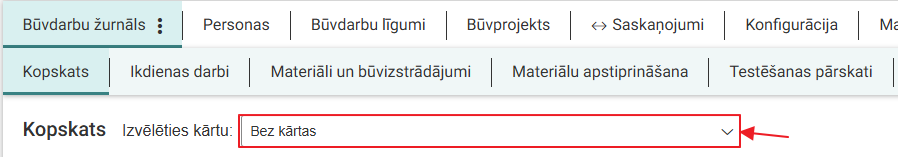Attēls. Izvēlēties būvdarbu žurnāla ierakstus bez kārtas.