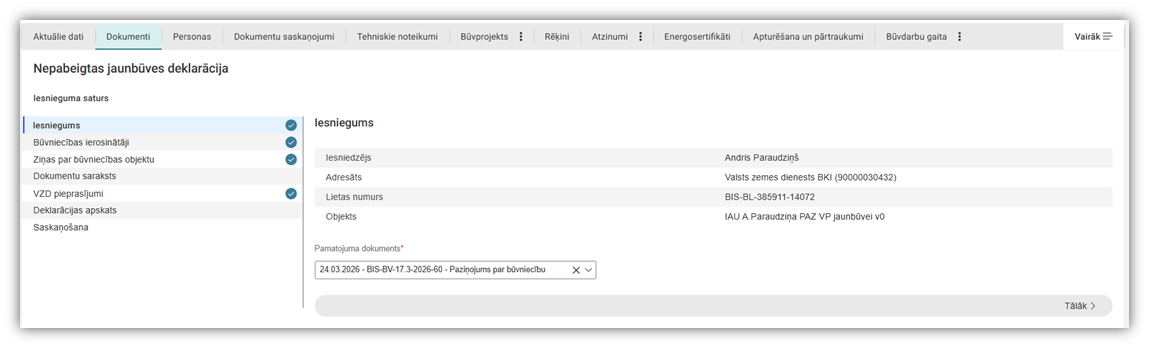Attēls. Nepabeigtas jaunbūves deklarācijas pirmais ievades solis.
