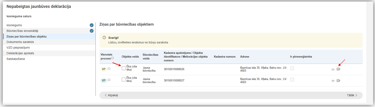 Attēls. Ziņas par būvniecības objektiem jaunbūves deklarācijā.