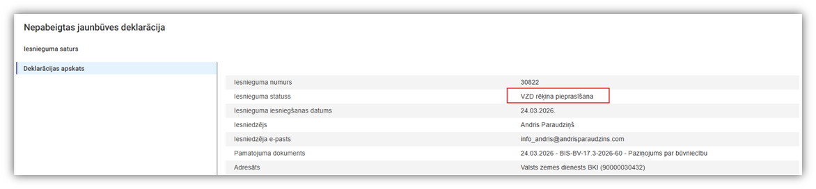 Attēls. Statuss %22VZD rēķina pieprasīšana%22.