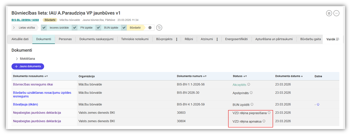 Attēls. VZD rēķina statusa atrādīšana pie deklarācijas.