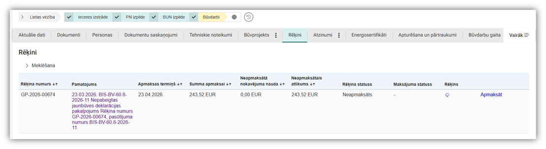 Attēls. Nepabeigtas jaunbūves deklarācijas rēķina atrādīšana.