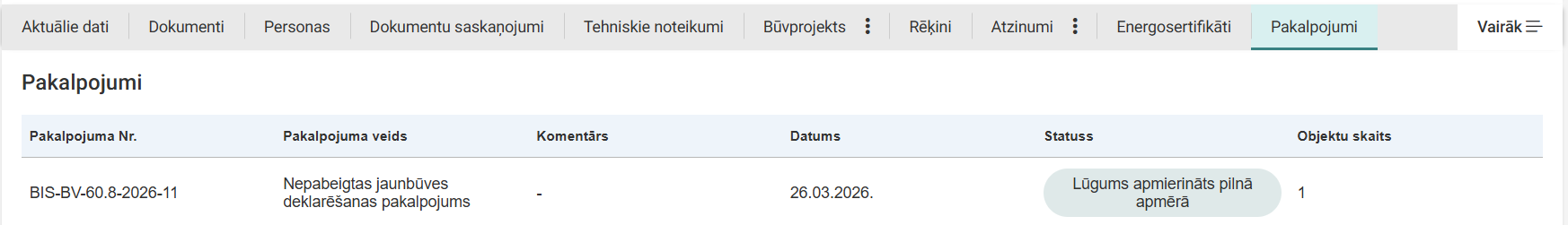 Attēls. Jaunbūves deklarācijas VP pakalpojums izpildīts.