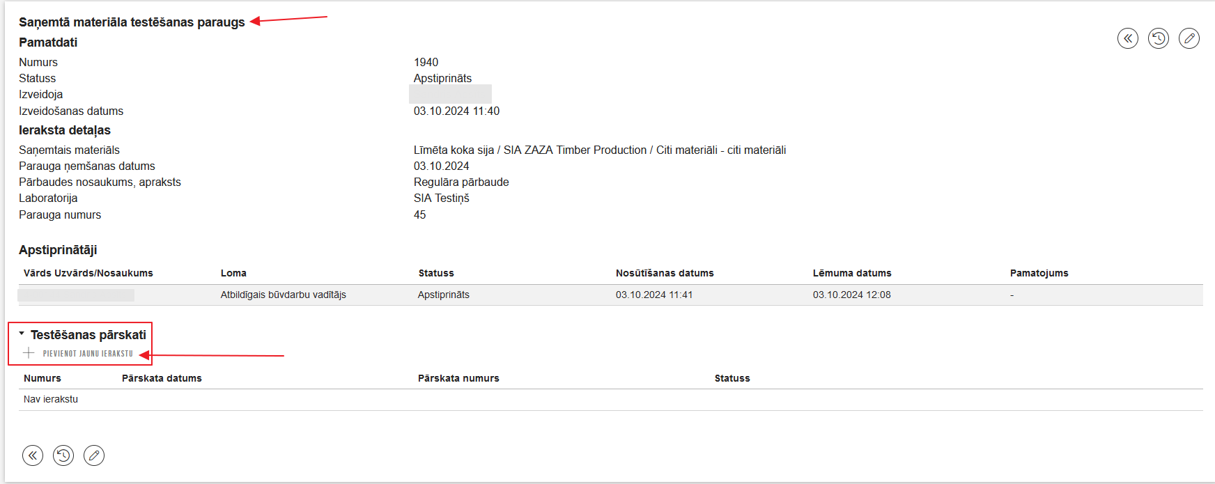 Attēls. Jauna ieraksta %22Darbu kvalitātes pārbaudes parauga testēšanas rezultāts%22 izveidošana no %22Darbu kvalitātes pārbaudes testēšanas paraugs%22.