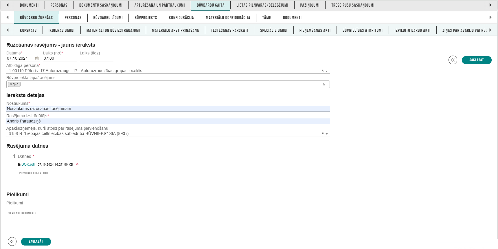 Attēls. Jauna ieraksta %22Ražošanas rasējums%22 izveidošana.