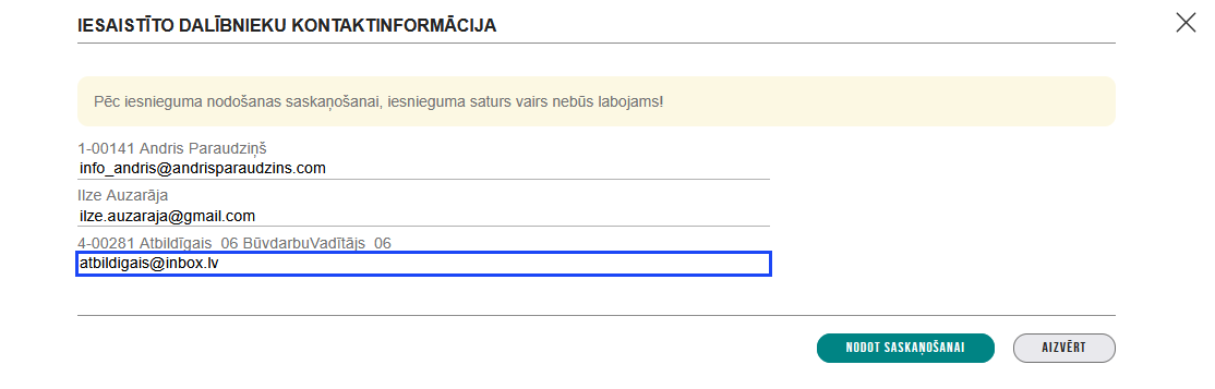 Attēls. Iesaistīto dalībnieku kontaktinformācijas pārskatīšana.