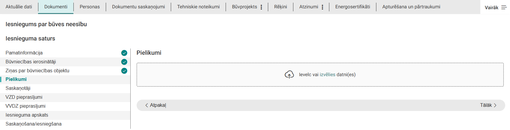 Attēls. Iesniegums par būves neesību solis %22Pielikumi%22.