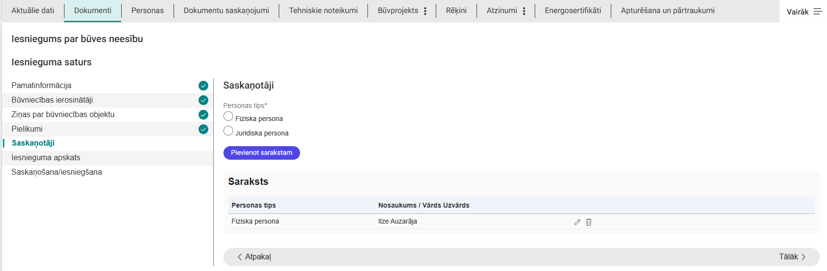 Attēls. Iesniegums par būves neesību solis %22Saskaņotāji%22.