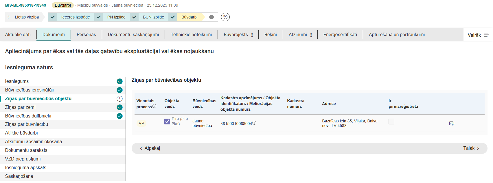 Attēls. Iesnieguma solis %22Ziņas par būvniecības objektu%22.