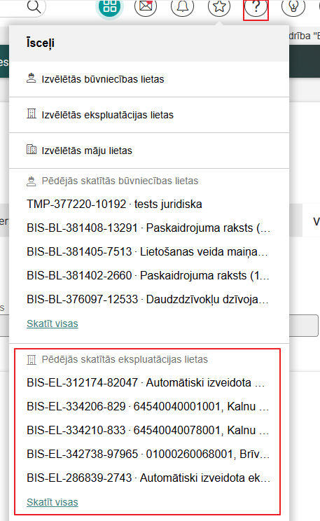 Attēls. Pēdējās skatītās ekspluatācijas lietas.