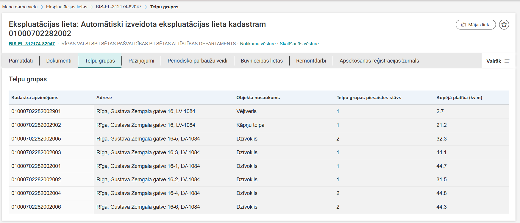 Attēls. Ekspluatācijas lietas sadaļa %22Telpu grupas%22.