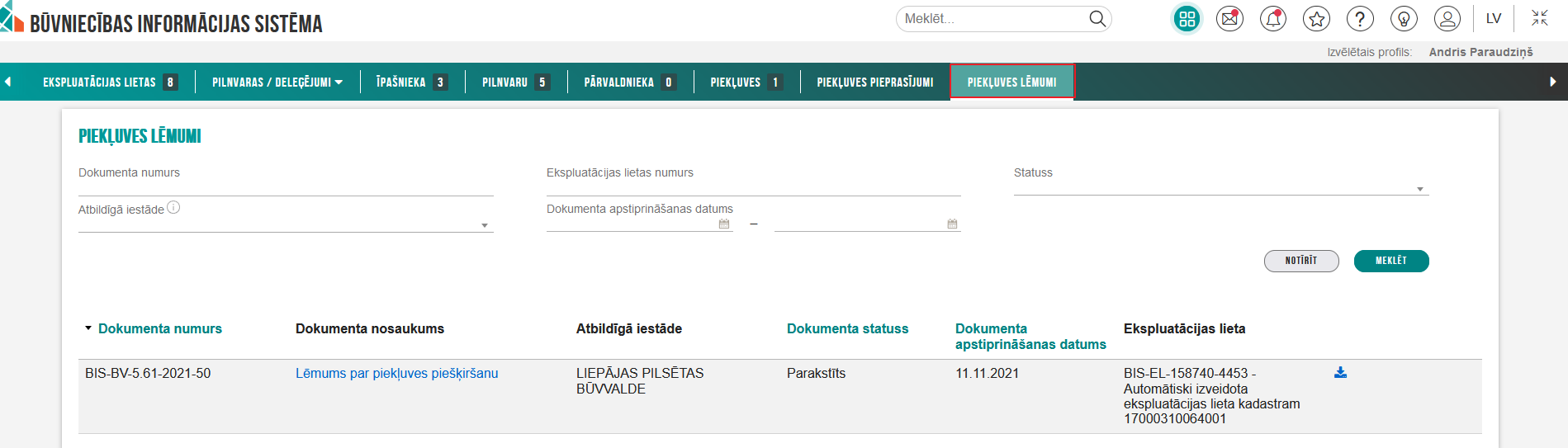 Attēls. Piekļuves lēmumu saraksta izvēle.