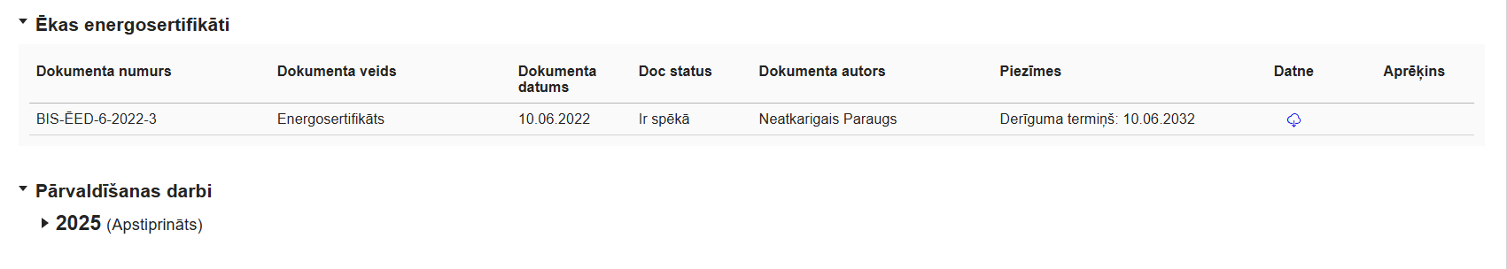 Attēls. Māju lietas sadaļa “Pamatdati”.
