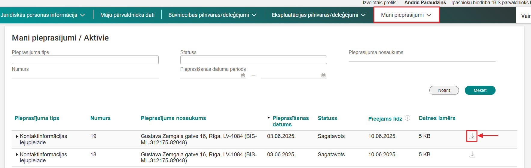 Attēls. Sagatavotā datne, sadaļā %22Mani pieprasījumi%22.