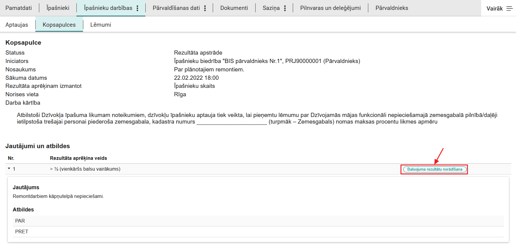 Attēls. Kopsapulces darbība <Balsojumu rezultātu norādīšana>