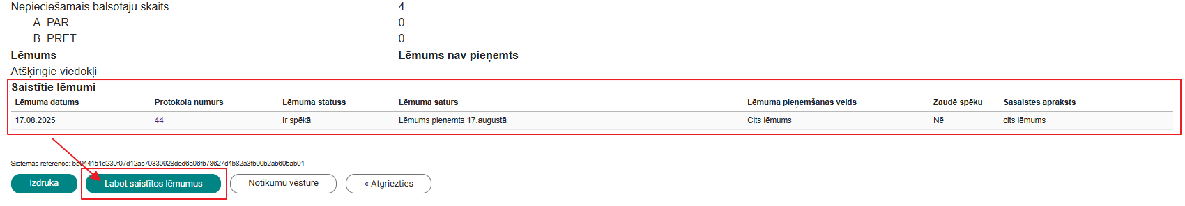 Attēls. Poga %22Labot saistītos lēmumus%22.