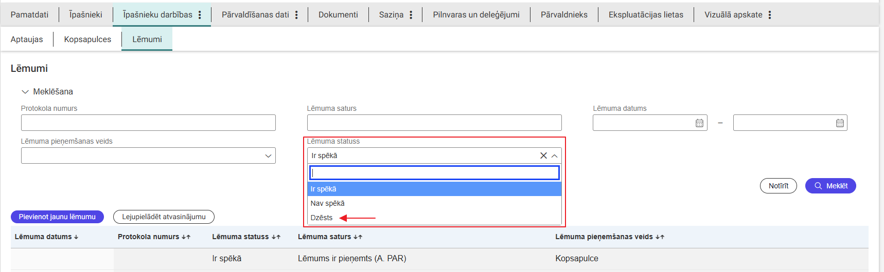 Attēls. Atlasīt dzēstos lēmumus.