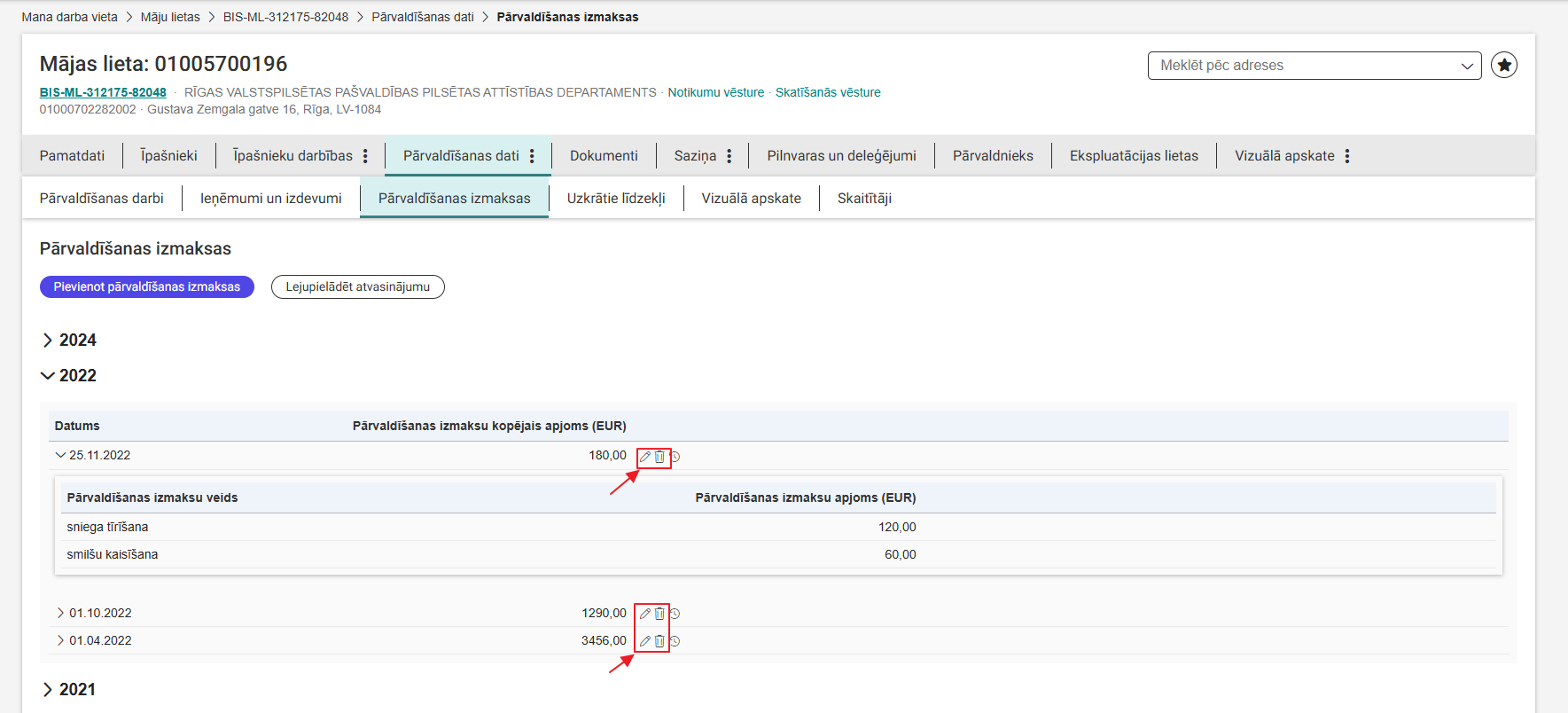 Attēls. Labot pārvaldīšanas izmaksu ierakstu.