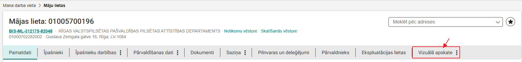Attēls. Atvērt māju lietas sadaļu %22Vizuālā apskate%22.