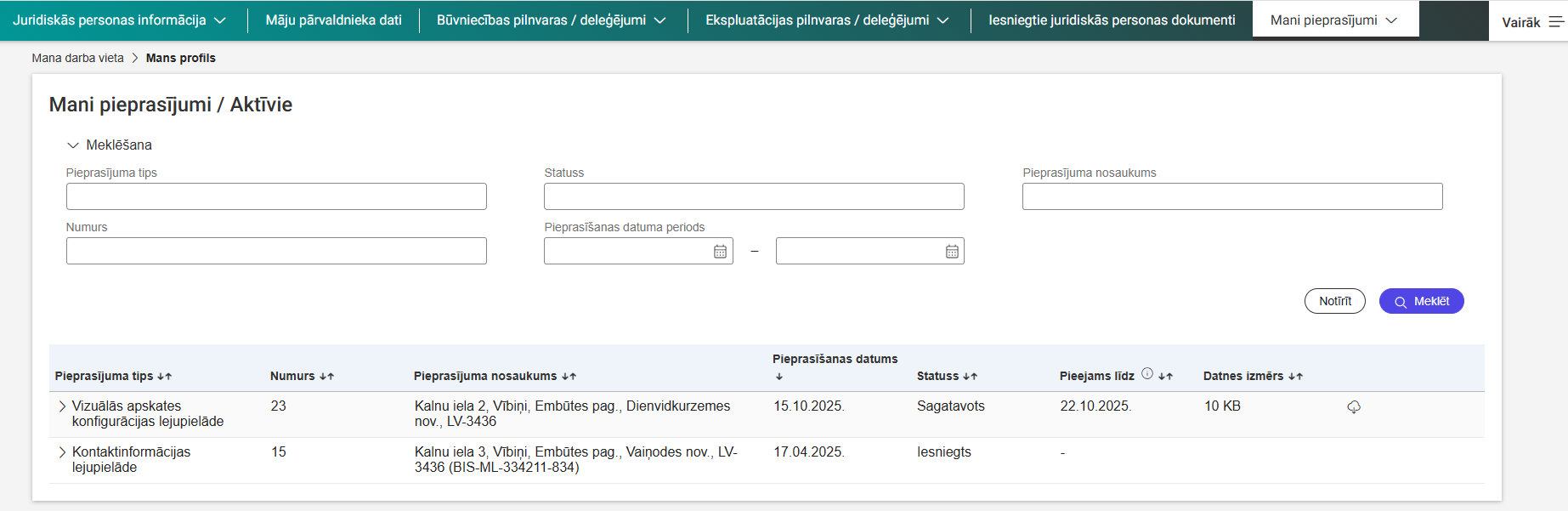 Attēls. Izveidotā izdruka sadaļā %22Mani pieprasījumi%22.