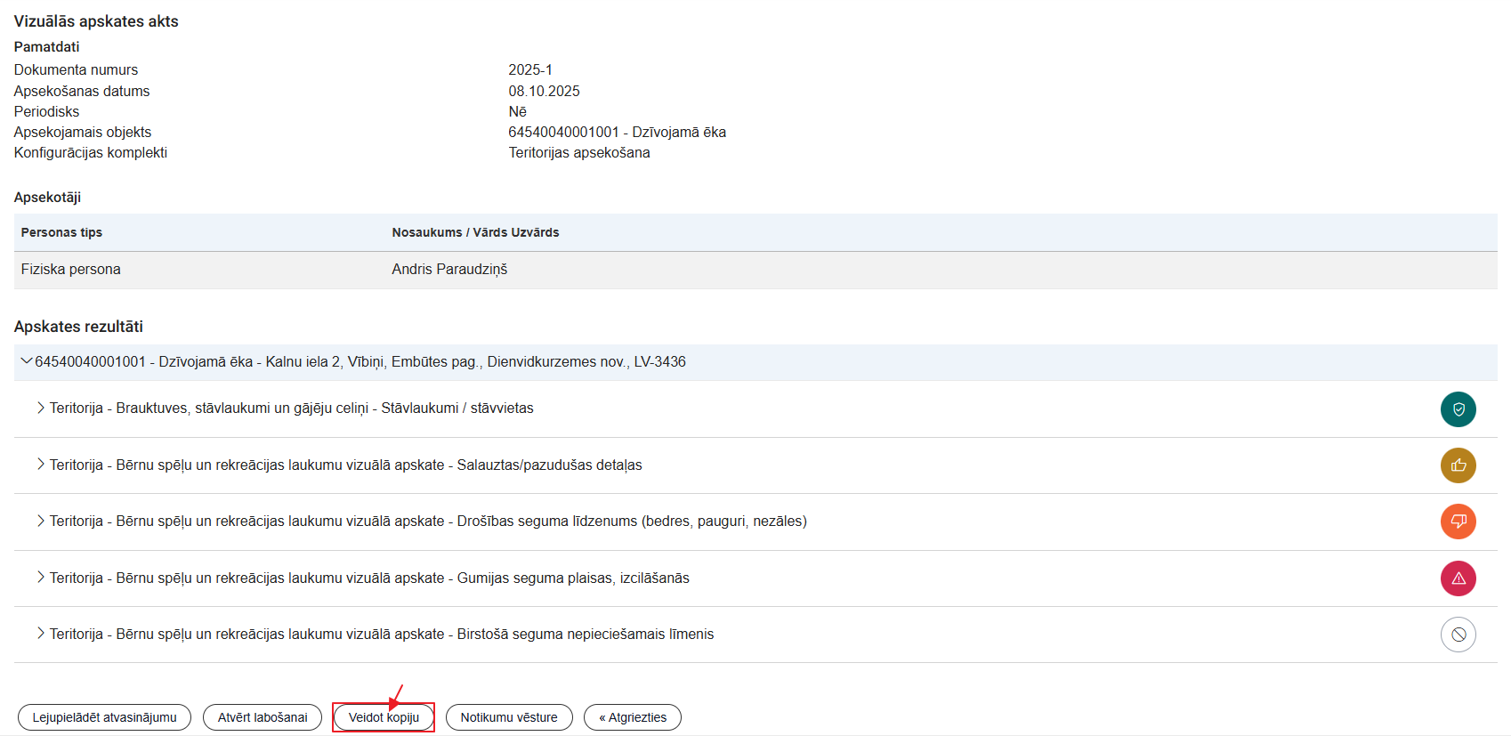 Attēls. Vizuālās apskates akta kopēšanas uzsākšana.