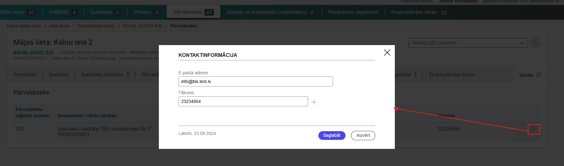 Attēls. Mājas lietas pārvaldnieka atbildīgās personas kontaktdatu labošana.