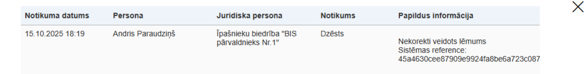 Attēls. Notikumu vēsturē saglabāta informācija par lēmuma dzēšanu.