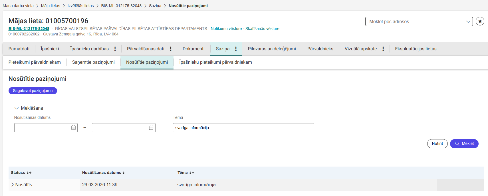 Attēls. Mājas lietas sadaļa “Nosūtītie paziņojumi”