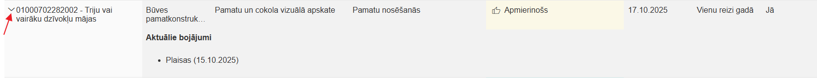 Attēls. Izvērst ierakstu, lai skatītu bojājumu uzskaitījumu.