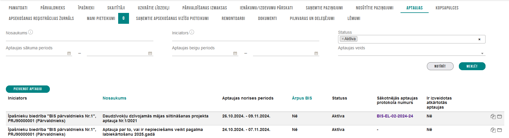 Attēls. Māju lietas sadaļa “Aptaujas”, aktīvas aptaujas