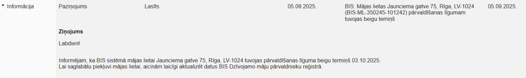 Attēls. Paziņojums par pārvaldīšanas līguma beigu termiņa tuvošanos.
