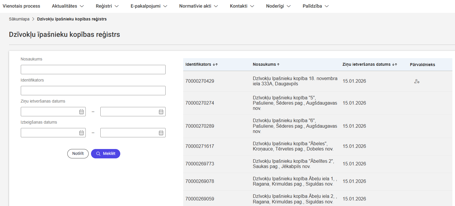 Attēls. Dzīvokļu īpašnieku kopību reģistrs.