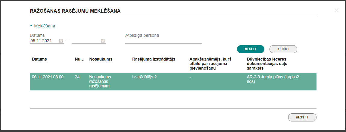 Attēls. Ražošanas rasējuma pievienošanā ieraksta meklēšana.