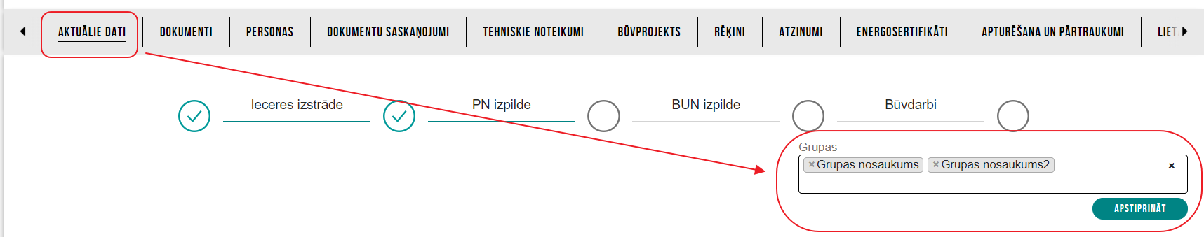 Attēls. Grupas pievienošana būvniecības lietai